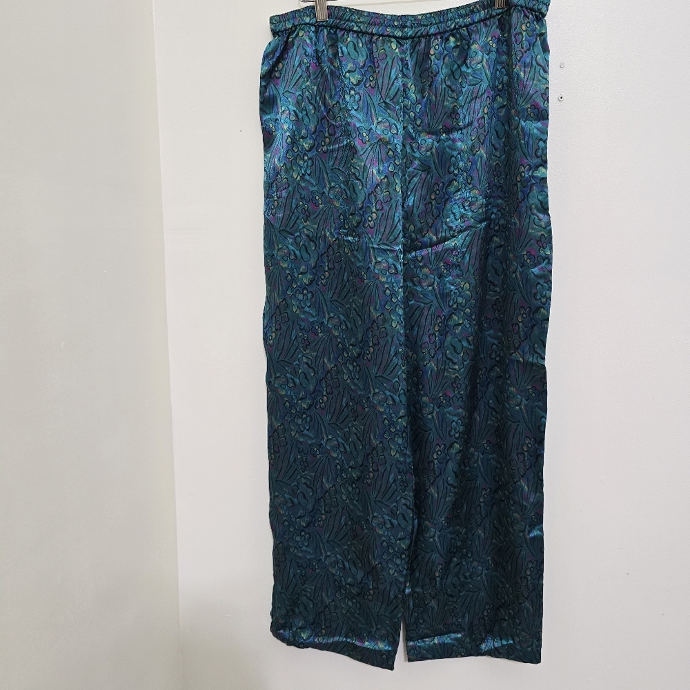 vintage 90s lingerie CACIQUE‎ size Medium Artsy Floral Satin Pajamas Pants Teal